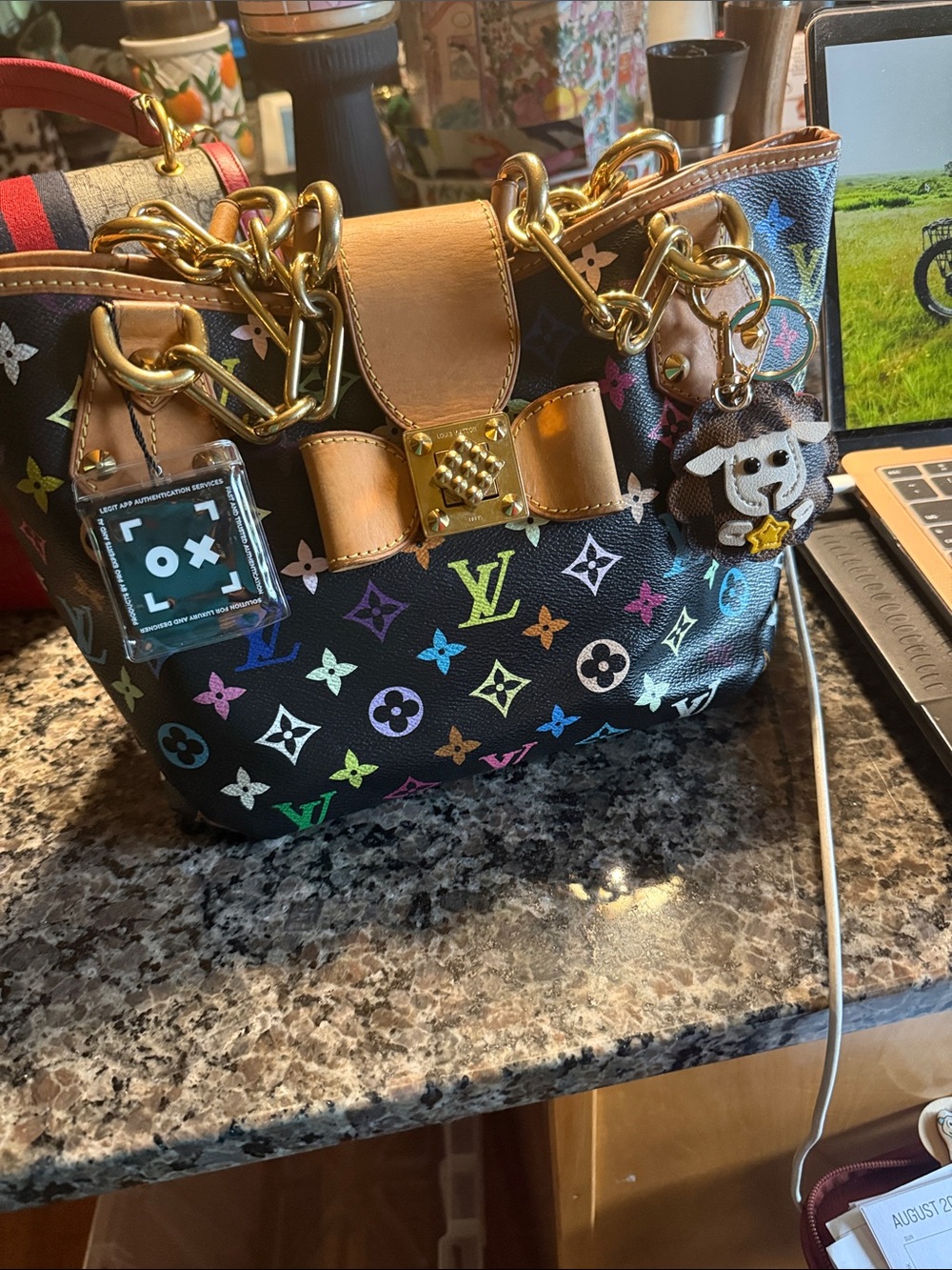 Louis Vuitton Black Multicolor Monogram Satchel with Tan Leather & Gold Hardware